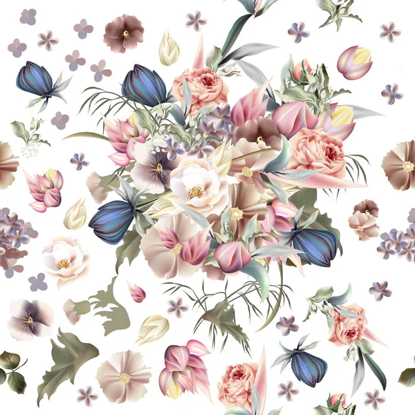 Motif floral avec des fleurs très détaillées. Roses roses et lilas — Image vectorielle