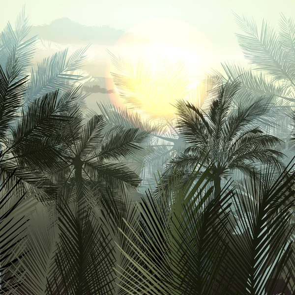 Palmeras de la selva y plantas tropicales. Paisaje de gradiente vectorial — Vector de stock