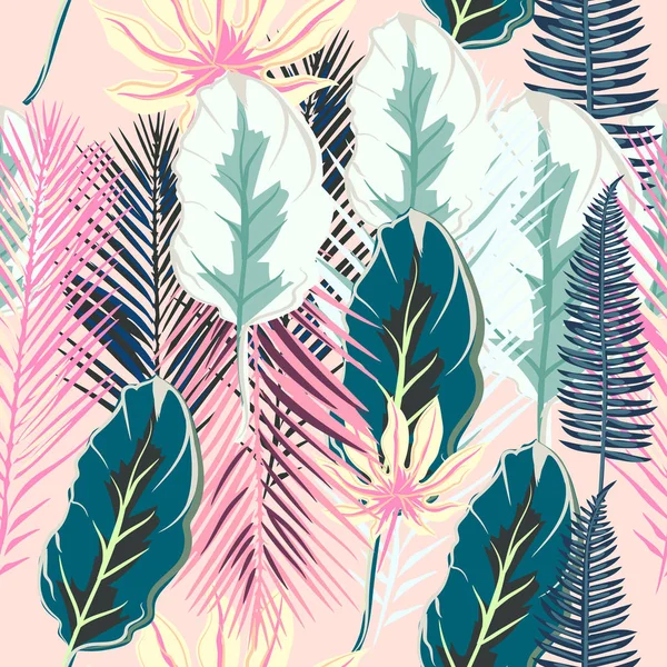 粉红色棕榈植物的艺术花卉热带矢量图案 — 图库矢量图片