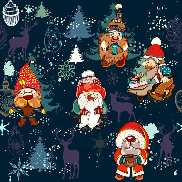 Christmas pattern with dwarfs and Xmas decorations in childish — Stock Vector