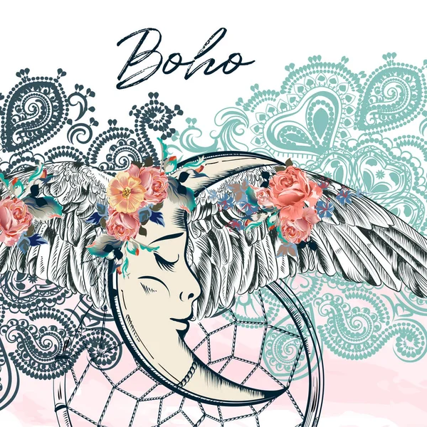 Mode-Boho-Design mit Traumfänger, Flügeln und Mond — Stockvektor