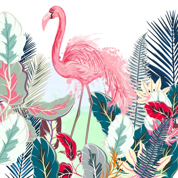 Illustrazione vettoriale tropicale con fenicottero rosa e pulce tropicale — Vettoriale Stock