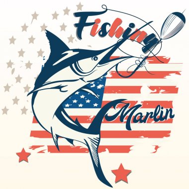Poster marlin balığı ve Amerikan bayrağı ile ABD retro tarz