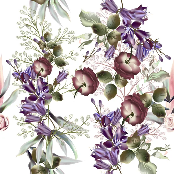 Όμορφο floral μοτίβο, με κουδούνια και τριαντάφυλλα σε στυλ vintage — Διανυσματικό Αρχείο