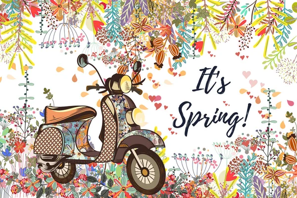 Красивая весенняя векторная иллюстрация с цветами и велосипедом — стоковый вектор