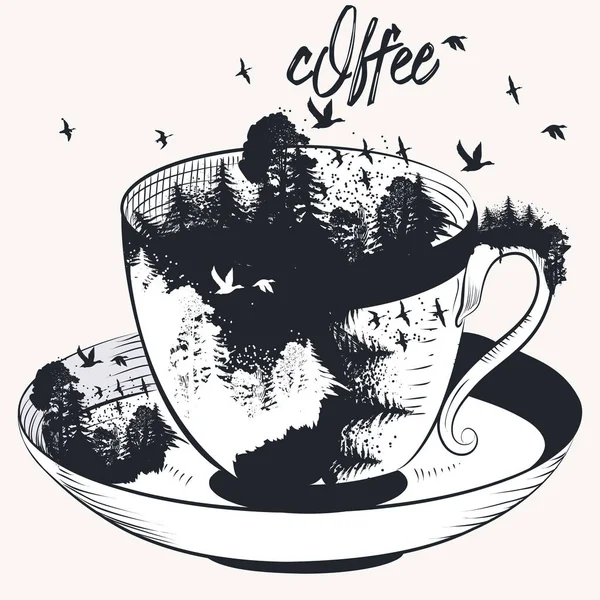 Tasse Kaffee mit Landschaft und Vögeln — Stockvektor