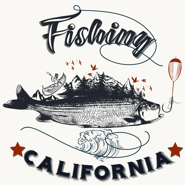 Cartel de pesca en California dibujado a mano con pescado — Vector de stock