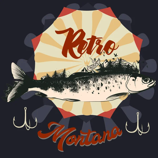 물고기와 몬타나 손으로 그려진된 포스터에 낚시 — 스톡 벡터