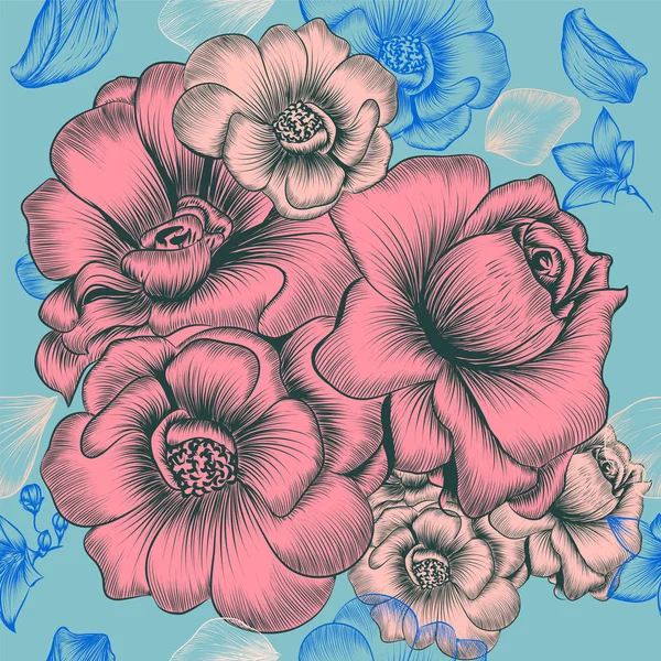 Květinové tapety vzor s vyrytým rukou kreslené květiny — Stockový vektor