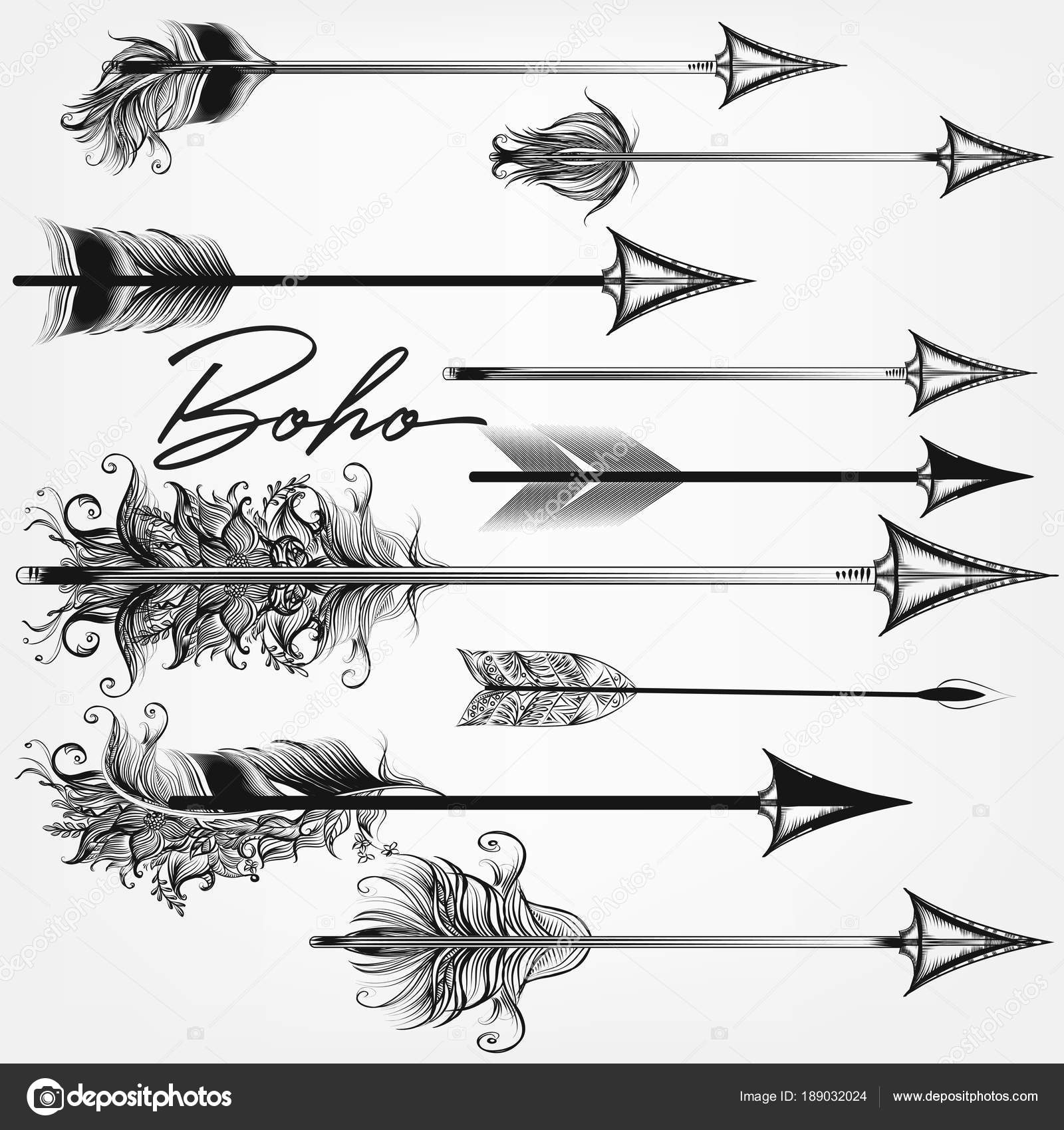 Collection of vector boho arrows in bohemian swirl tribal style Stock
