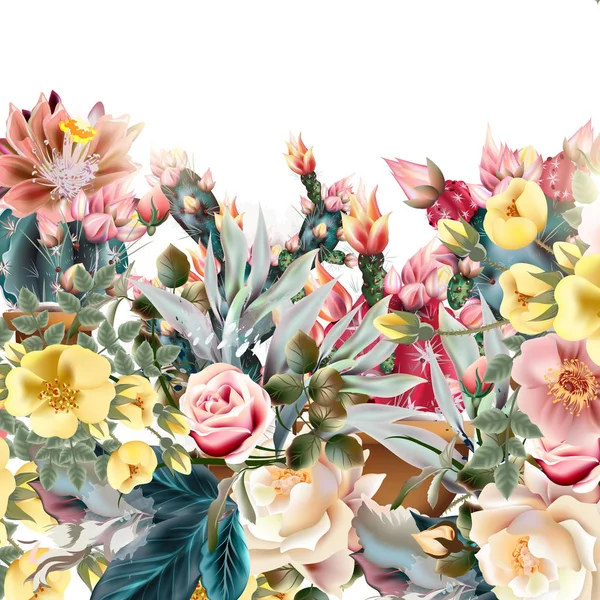 Krásné ilustrace s old stylu kaktusy a růže — Stockový vektor