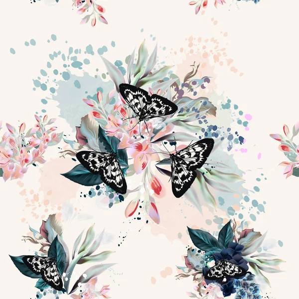 Vackra konstnärliga mönster med blommor och fjärilar i perma — Stock vektor