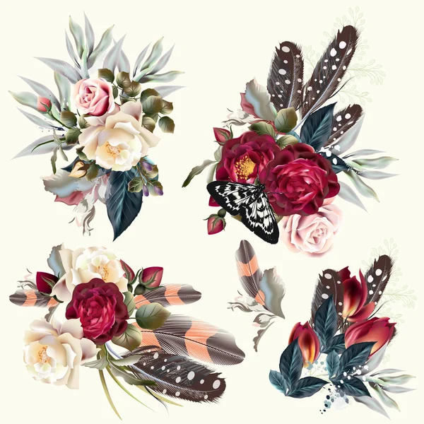 Boho fashion collectie van vector bloemen met veren — Stockvector
