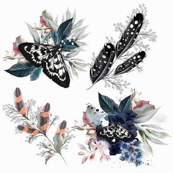Samling av blommiga kompositioner med fjärilar, blommor och — Stock vektor