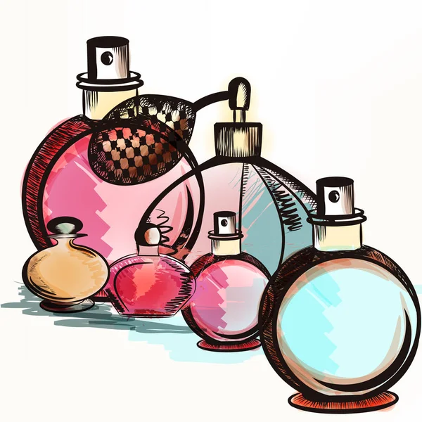 Fondo de vector de moda con perfumes dibujados en estilo acuarela — Vector de stock