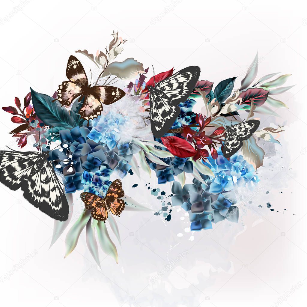Butterfly design illustration in vintage floral style
