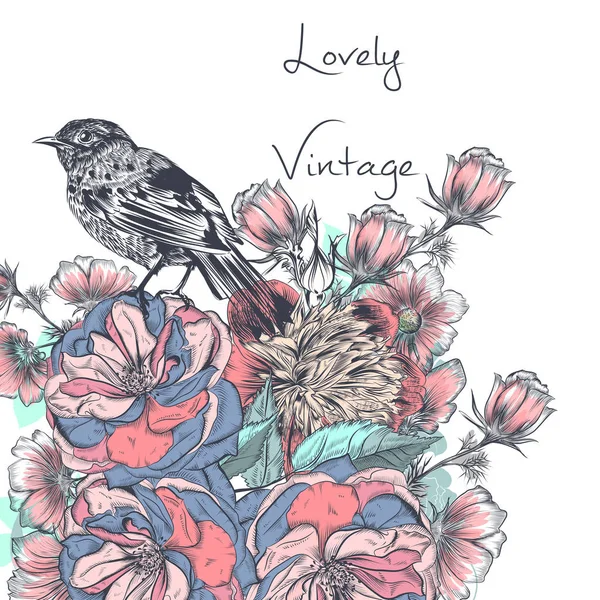 Vacker illustration med handen ritade rosor och kosmos blommor — Stock vektor