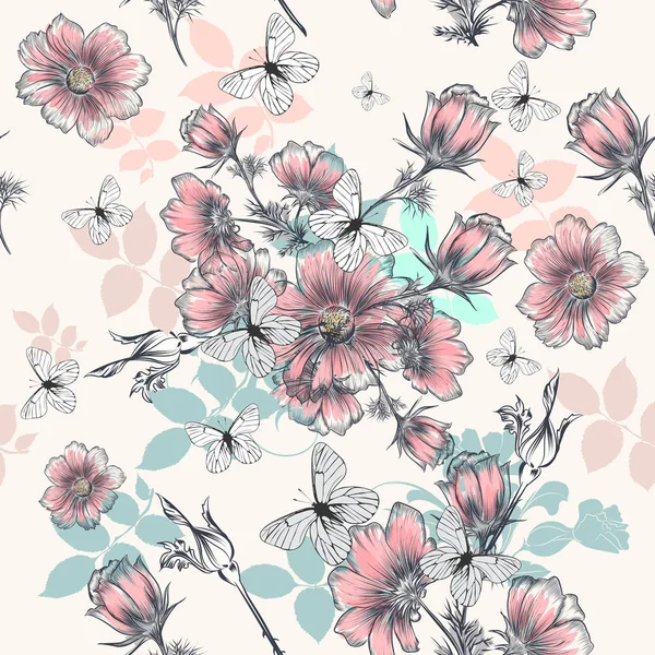Belo padrão com mão desenhada flores cosmos e borboletas — Vetor de Stock