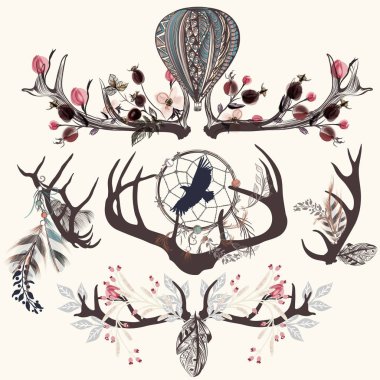 Vektör boho moda boynuzları çiçekli topluluğu