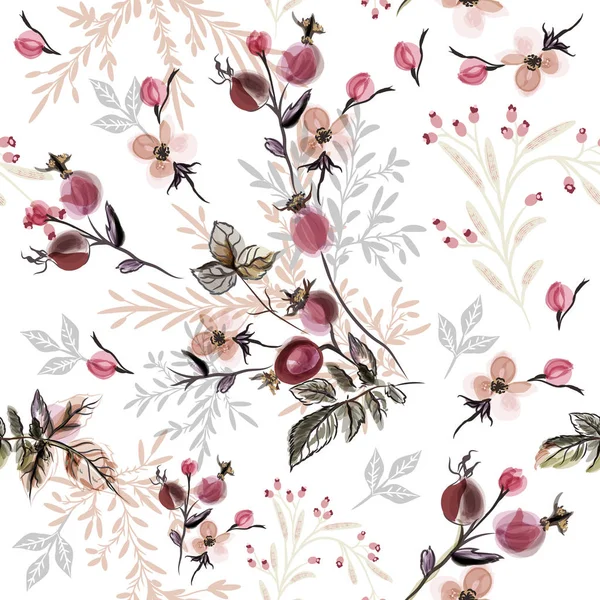 Hermoso patrón o fondo con bayas de rosas silvestres y hojas — Archivo Imágenes Vectoriales