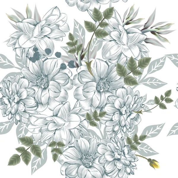 Prachtig patroon of achtergrond met hand getrokken bloemen en blad — Stockvector