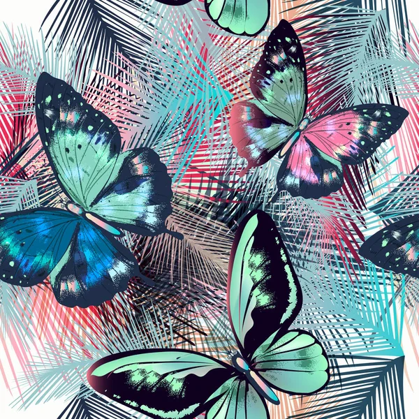 Patrón de hojas de palma tropical y mariposas. Vector azul-pi — Archivo Imágenes Vectoriales