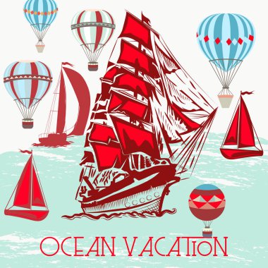Afiş veya yaz poster vektör gemiler, hava ba ile retro tarzında
