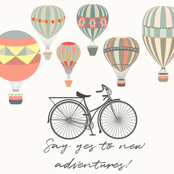 Aventuras. Ilustración con globos de bicicleta y aire en vintag — Vector de stock