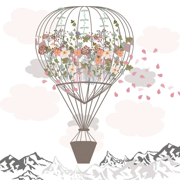 Luchtballon met bloemen en bergen. Mode struikelen afb — Stockvector