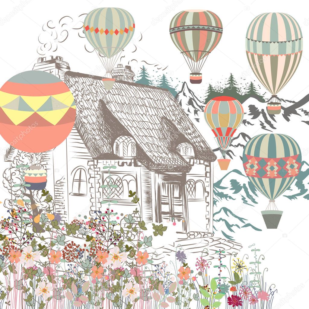 Cute illustration with old European house, garden and air balloo