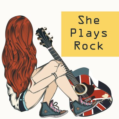 Uzun saçlı güzel kız bir gitar ile otur. O rock çalış.