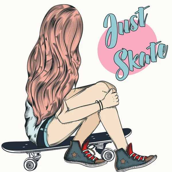Menina adolescente bonita sentar-se em um skate. Moda ilustratio —  Vetores de Stock