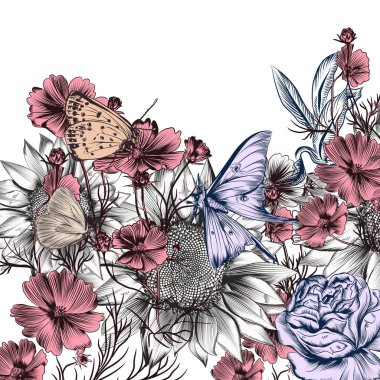 Çiçek illüstrasyon vektör ile el çekilmiş ayçiçeği ve evren 