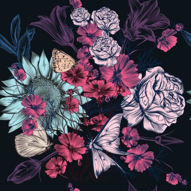 Vektör desen el ile çiçek vintage tarzı çizilmiş.