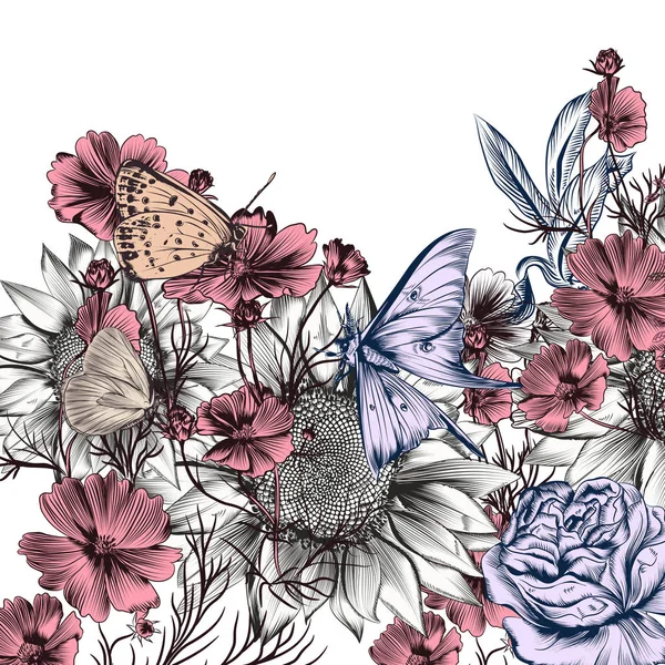 Illustrazione floreale con girasole e cosmo disegnati a mano vettoriale — Vettoriale Stock