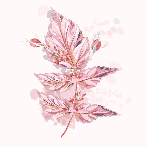 Różowy wektor liść z pączkami i plamy atramentu akwarela stylu — Wektor stockowy