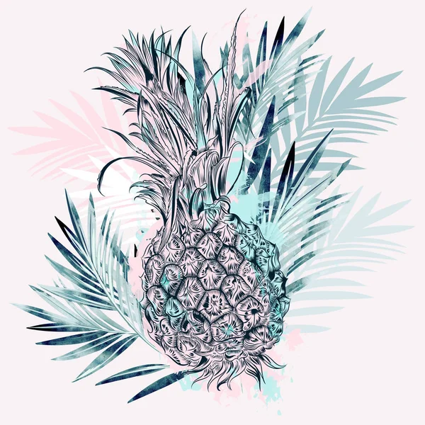 Векторная тропическая иллюстрация моды с ананасом и пальмовой леей — стоковый вектор