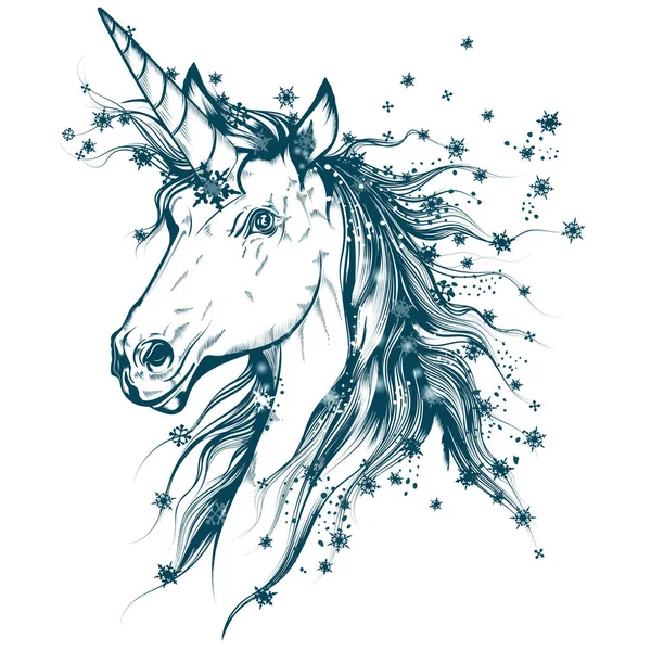 Vector de Navidad dibujado a mano unicornio con copos de nieve azules — Vector de stock
