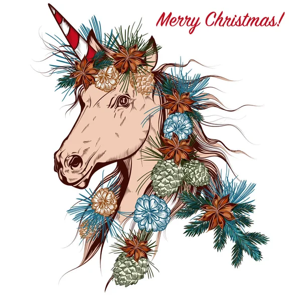 Vecteur de Noël dessiné à la main licorne avec cône et branches de fourrure , — Image vectorielle