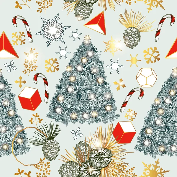 Patrón sin costura vector de Navidad con ramas de árbol de piel, conos — Archivo Imágenes Vectoriales