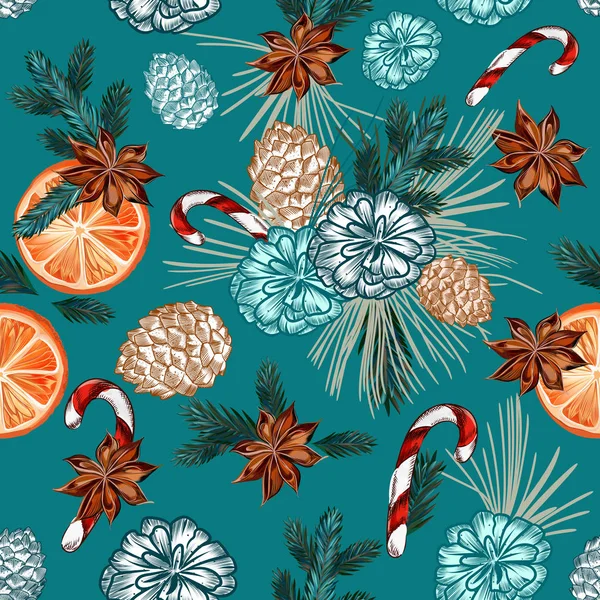 Jul vektor sömlöst mönster med pälsträd grenar, orange — Stock vektor
