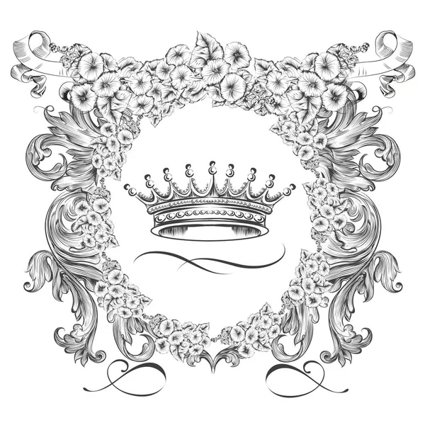 Escudo vectorial heráldico con corona y flores en antigüedades vintage — Vector de stock