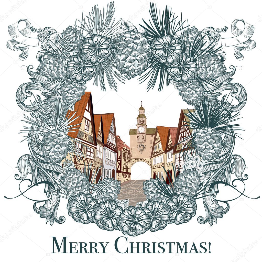 Christmas or new year vector with vintage town and frame from co