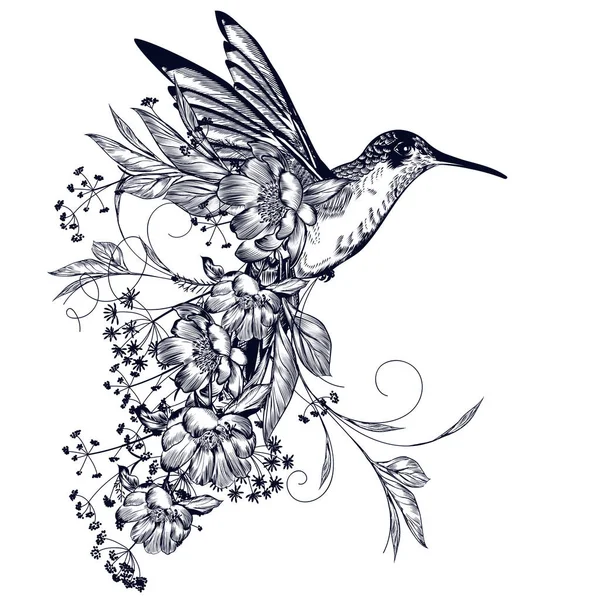 Elegante colibrí vector con flores y florece en vinagre — Archivo Imágenes Vectoriales