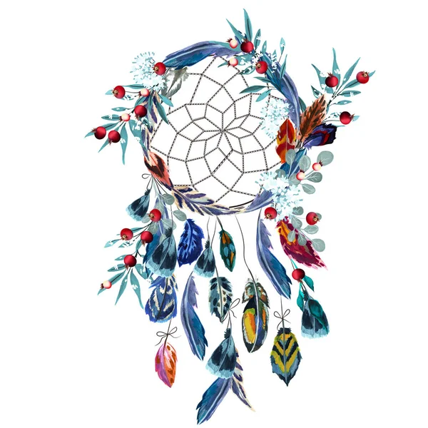 Boho vector fashion illustration with dreamcatcher, colorful fea — 스톡 벡터