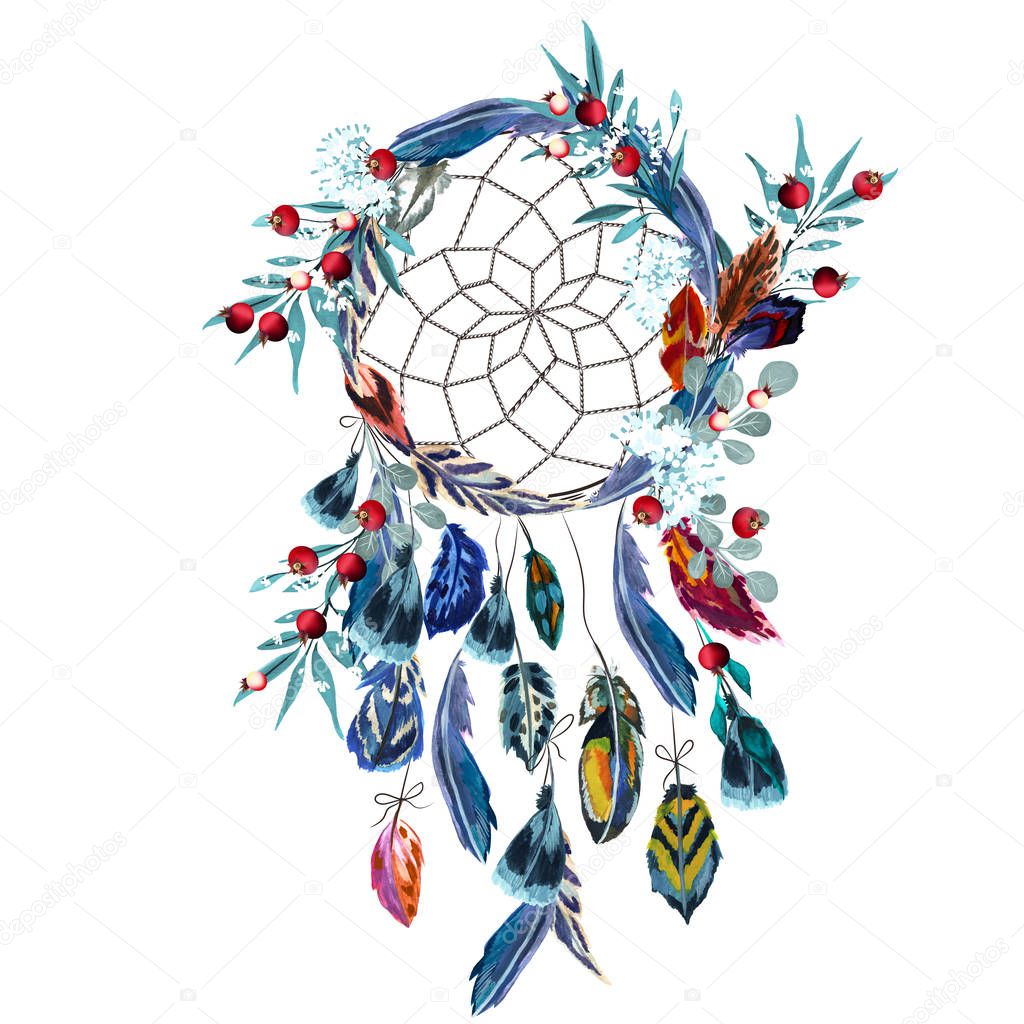 Boho vector fashion illustration with dreamcatcher, colorful fea