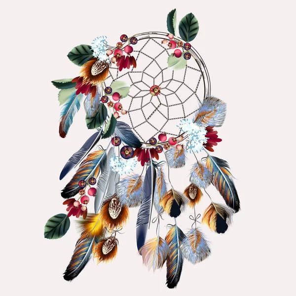 Boho vektor mode illustration med dreamcatcher, färgglada fea — Stock vektor