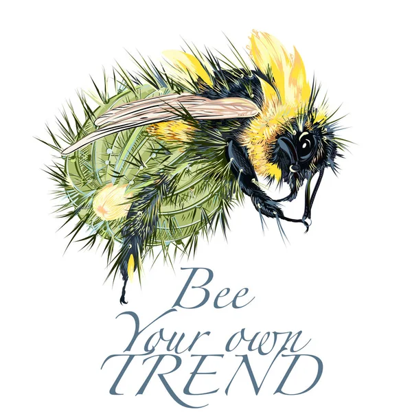 Ilustración de vectores de moda con abeja híbrida y cactus — Archivo Imágenes Vectoriales