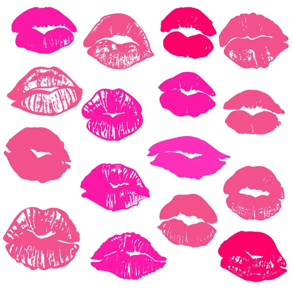 Collection of vector kisses lips print in pink and red color for — Stock Vector