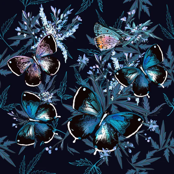 Blumenvektormuster mit Schmetterlingen, Blättern und Pflanzen in Büsche — Stockvektor